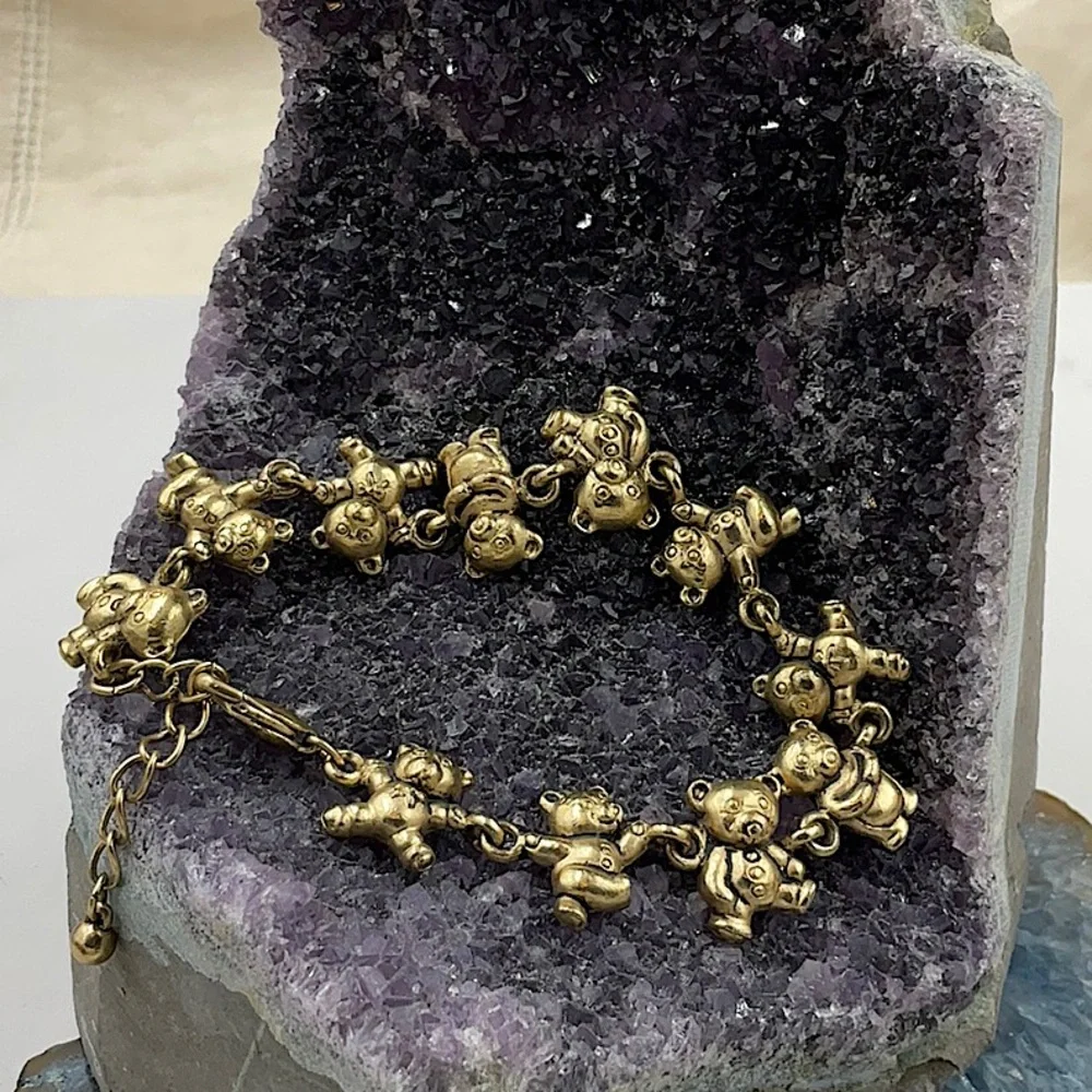 7 1/2” W/2”Ex. Golden Gold Teddy Bear Charm Bracelet With Lobster Claw Closure - Picture 6 of 7